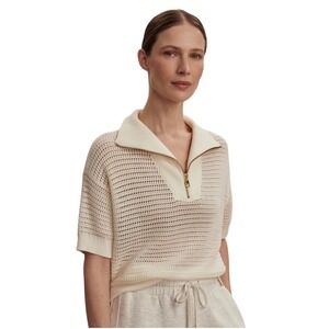 Varley Nali Half Zip Cream Cotton Open Knit Half‎ Zip Short Sleeve Sweater Med